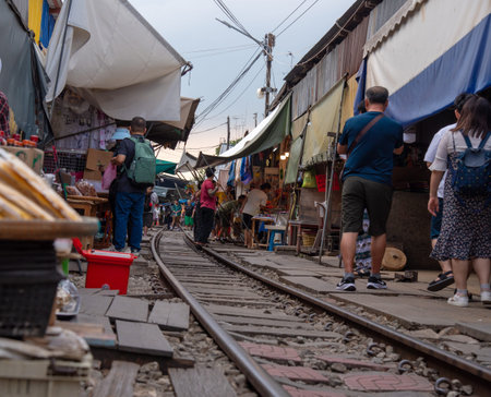 Samut Songkhram, Thailand Nov,16 :
The most beautiful viewpoints Maeklong Railway Market (Talad Rom Hoop) In Samut Songkhram, Thailand.の写真素材