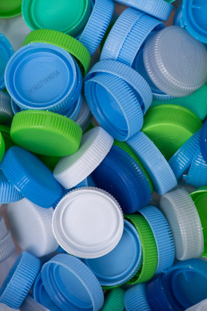 plastic bottle caps waiting to be taken to recycle.