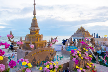 Bangkok,Thailand-March,6:Beautiful sand stupas adorned with prayer flags in Sea during the Water Festival,Songkran Festival .のeditorial素材