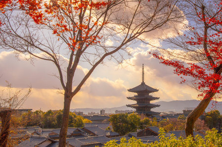 Gion District, Historic Geisha Quarter and Traditional Cultural Landmark in Kyoto, Yasaka Pagoda (Hokan-ji Temple) Rising Above the Historic Streets of Gion District in Kyoto, Japa