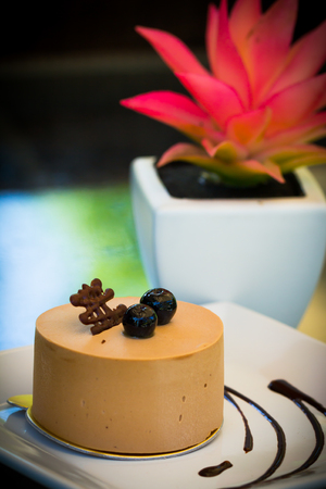 Chocolate cake with blueberry on flower backgrondの写真素材
