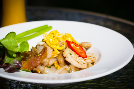 Stir-fried noodle with chicken and fried eggの写真素材