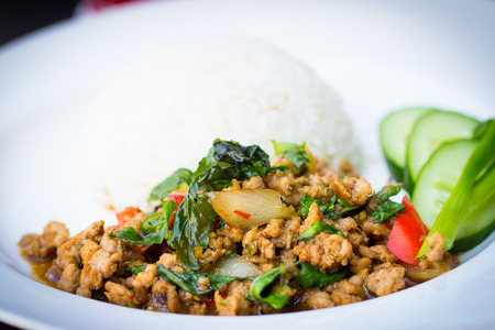 Basil pork fried and riceの写真素材