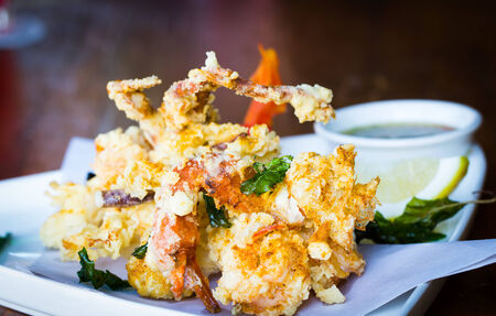 Fried seafood on dishの写真素材