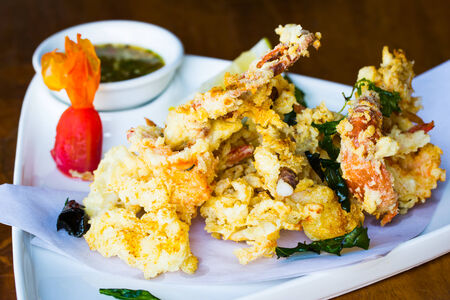 Fried seafood on dishの写真素材