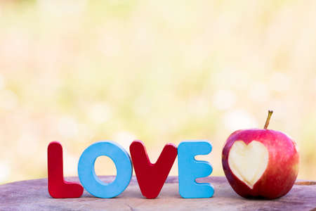 Colorful Wooden word love with apple heart on meadow backgroundの写真素材