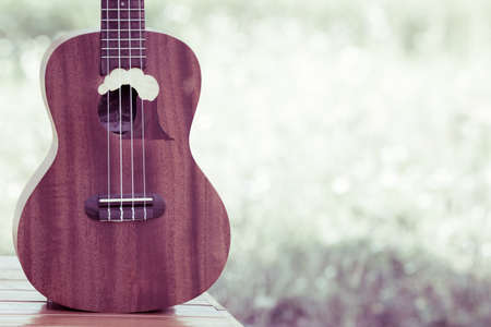 Ukulele on woood table on meadow background in retro styleの写真素材