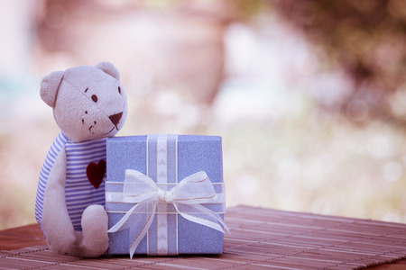 Teddy bear with blue gift box on meadow background in retro styleの写真素材