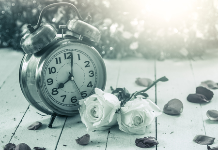 alarm clock with beautiful white rose on wooden background in vintage color toneの写真素材