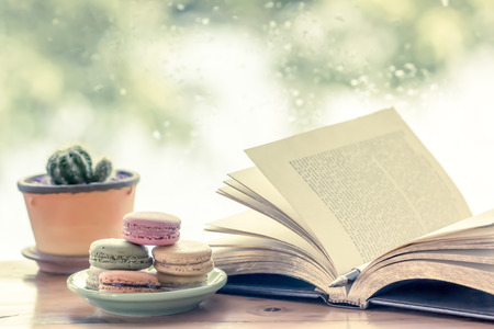 Colorful macaroon and pen on open book on rainy day window background  in vintage color toneの写真素材
