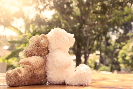 Couple teddy bears in love sitting on wooden table in the garden with sunlight,vintage color filterの写真素材