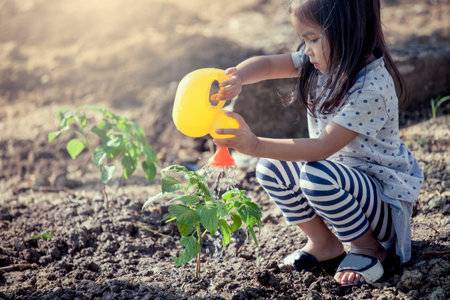 Asian little girl watering young tree with watering pot in vintage color toneの写真素材