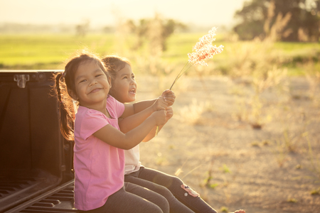 two asian little girl playing and holding grass flower together in the cornfield background in vintage color toneの写真素材