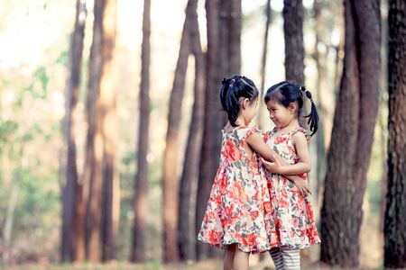 Two asian little girls having fun to play together in pine tree park in vintage color filterの写真素材