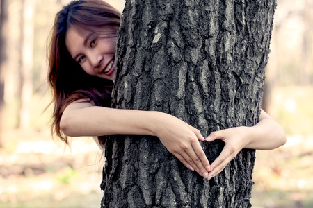 woman hands making a heart shape around a big tree as love nature concept in vintage color toneの写真素材