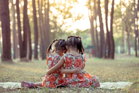 backside of two girls sitting and hug together in the park in vintage color toneの写真素材