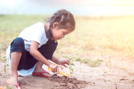 Cute asian little child girl having fun to play with sand in playgroundの写真素材