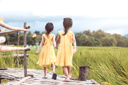 Back view of two little girls holding hand and walking together in bamboo walkway at the cornfield in vintage color toneの写真素材