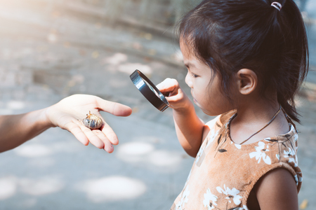 Cute asian child girl using magnifying glass watching and learning on  rhinoceros beetle larvae on her parent handの写真素材