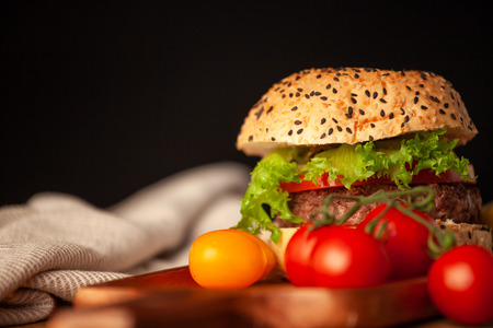 Delicious homemade hamburger with fresh vegetables in the kitchen ready for serve and eatの写真素材