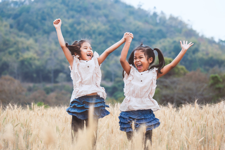 Two happy asian child girls having fun to play and jump together in the barley fieldの写真素材