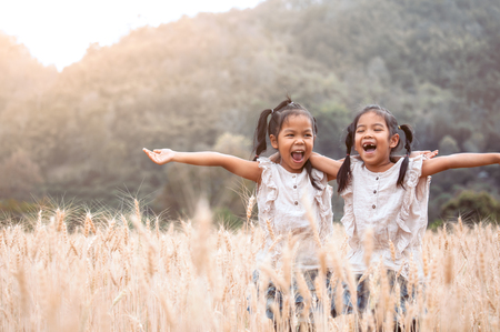 Two happy asian child girls having fun to play together in the barley fieldの写真素材