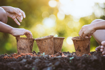 Two asian child girls planting young seedlings in recycle fiber pots together in the garden with funの写真素材