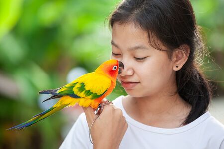 Beautiful little parrot birds standing on woman hand. Asian teenager girl play with her pet parrot bird with fun and loveの写真素材