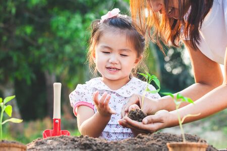Cute asian little child girl and parent planting young seedlings in the black soil together in the garden with funの写真素材