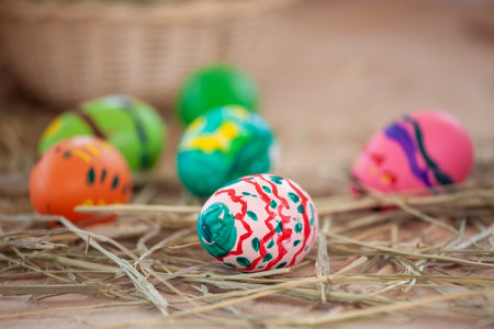 Colorful painted easter eggs in easter festive