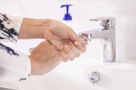 Women washing hands with antibacterial soap sanitizer or alcohol gel for corona covid-19 virus...