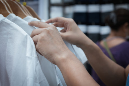Close up on woman hand choosing discount t-shirt clothes in shopping mall, searching or buying cheap...