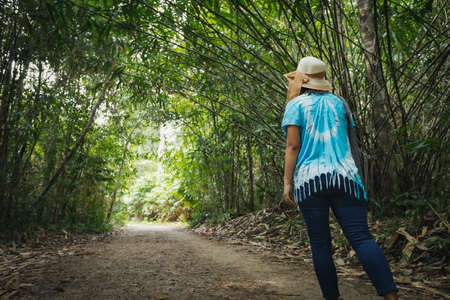Backside of asian woman is walking in the forest and enjoy with nature in tropical forest.の写真素材