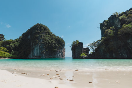 View of beautiful island with sand mountain and blue sea.の写真素材