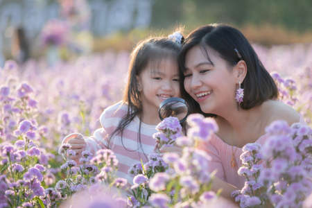 Cute asian child girl and her mother enjoying with beautiful flower together and little girl holding magnifier looking on flower with fun and curiously in the flower garden.の写真素材