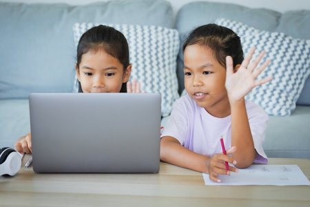 Two asian child girl students study online with teacher by video call together. Siblings are homeschooling with computer laptop during quarantine due to  pandemic.の写真素材