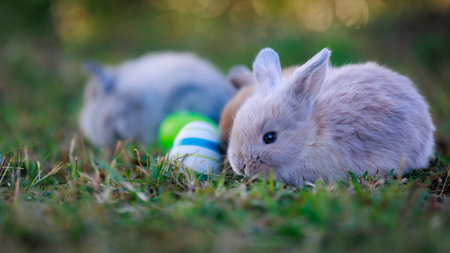 Group of lovely bunny fluffy baby rabbits with colorful easter eggs in the garden. Easter Bunny with eggs hunt. Symbol of Easter day.の写真素材