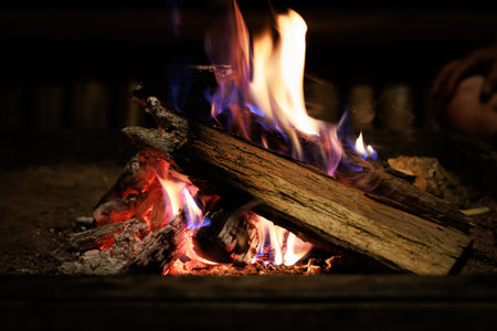 Close-up of flames from bonfire wood burning in dark in night campfireの写真素材