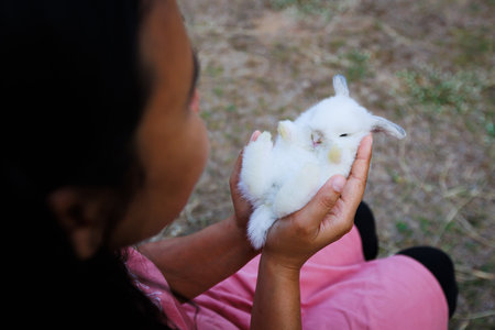 White adorable little bunny laying down in woman hands in the garden. Woman carrying and playing with her pet with love and tenderness. Symbol of Easter day.の写真素材