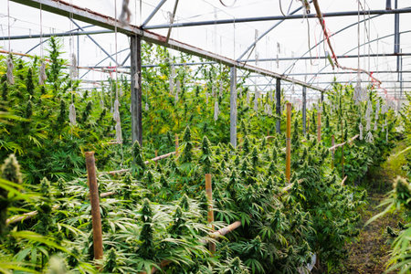 Cannabis plants in a marijuana greenhouse farm. Green leaf of Hemp, Marijuana flower for experiment in medical science. Medicinal cannabis field cultivation.の写真素材