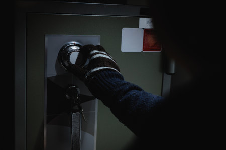 Steal wearing a glove put on a password on dial to open and thief the money in the safe box . Keep money and valuables in the vintage safe box steel. Stealing or keeping money and valuables safe.の写真素材
