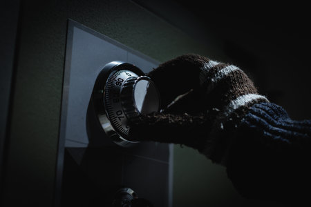 Steal wearing a glove put on a password on dial to open and thief the money in the safe box . Keep money and valuables in the vintage safe box steel. Stealing or keeping money and valuables safe.の写真素材