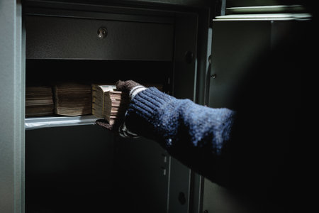 Steal wearing a glove thief and bring out money from safe box. Keep money and valuables in the vintage safe box steel. Stealing or keeping money and valuables safe.の写真素材