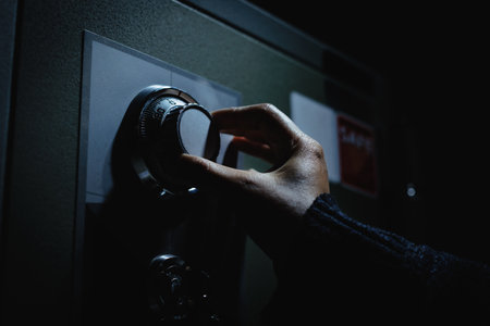 Turning a password on dial for open the safe box. Keep money and valuables in the vintage safe box steel. Stealing or keeping money and valuables safe.の写真素材
