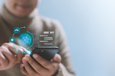 Pointing finger on smartphone digital AI chatbot communicate and interact helping business. Robot application, conversation assistant, digital chatbot virtual screen. Artificial intelligence system.の写真素材