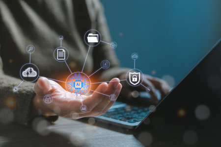 Opened hand of computer coding AI background futuristic future digital technology. AI learning and business artificial intelligence transformation of ideas of technology in business.の写真素材
