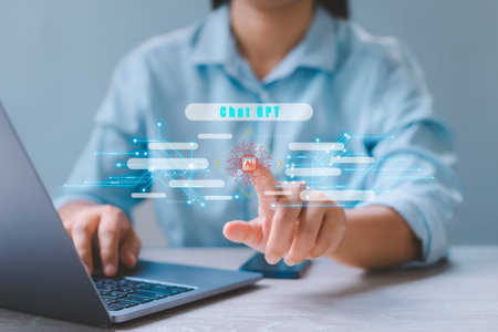 Finger touching virtual screen icons of artificial intelligence with chatbot communicate and...
