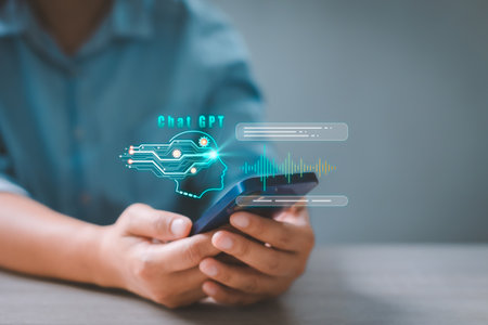 Pointing finger on smartphone digital AI chatbot communicate and interact helping business. Robot application, conversation assistant, digital chatbot virtual screen. Artificial intelligence system.の写真素材