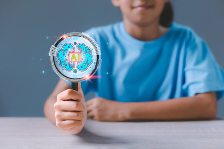Girl hand holding magnifying glass with virtual Artificial Intelligence and virtual digital brain. AI Technology. Searching information data on internet networking, intelligence technology concept.の写真素材
