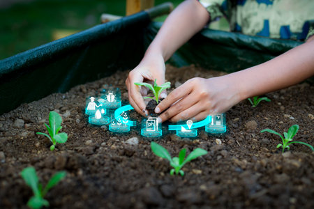 Hand holding seedling for planting with plant growth factor icon. Smart farming, sustainable development, Agriculture and Ecology concept.の写真素材